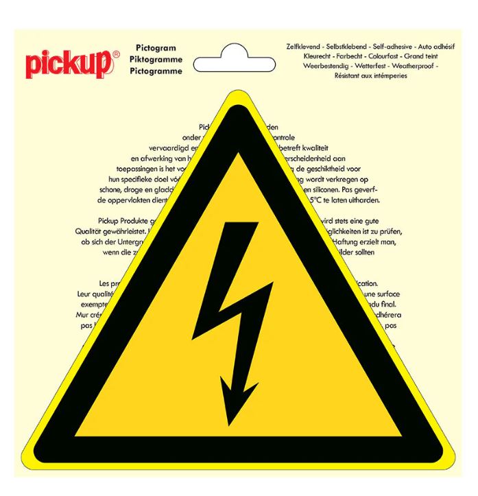 PICTOGRAM DRIEHOEK 20CM GEVAARLIJKE ELEKTRISCHE SPANNING PICKUP
