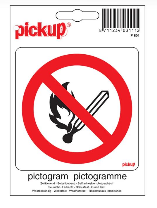 PICTOGRAM 10X10CM VUUR , OPEN VLAM VERBODEN PICKUP