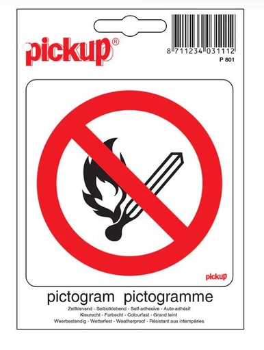 [P801] PICTOGRAM 10X10CM VUUR , OPEN VLAM VERBODEN PICKUP